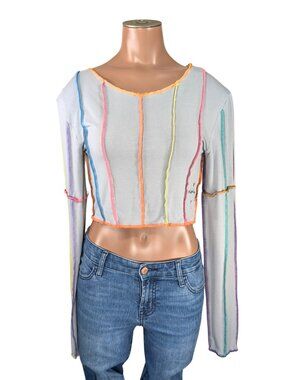 O-Mighty Medium Gray Cropped Contrasting Rainbow Trim Long Sleeve T-Shirt
